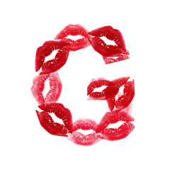 Isolated piece reveals a capital Letter "G" through clever negative space. The form emerges from the precise gaps between a cluster of vibrant red lipstick kiss marks on whiter background