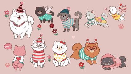 Fototapeta premium Adorable Fluffy Pomeranian Dog Illustrations with Heart and Floral Accents