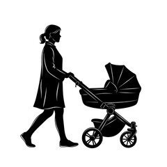Woman pushing baby stroller outside walking Isolated On Transparent Background.