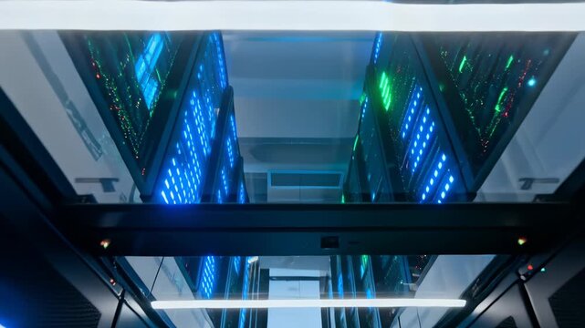 Data center racks line a polished aisle lit by cool blue and green LEDs. The climate-controlled room has reflective flooring and organized server cabinets, useful for infrastructure and IT operations