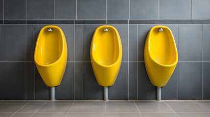 
Row of modern yellow ceramic urinals in a clean public restroom with  tiled walls and minimalist interior design
