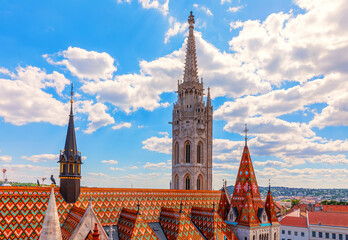 Matthias Church and its roof on Castle Hill, close view at sanny day, Budapest, Hungary