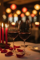 Soft warm lighting on a romantic dinner table set for two with rose petals and red candles Valentine's Day images.