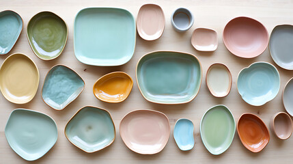 Pastel plate collection on a wooden background. A harmonious mix of round and rectangular forms in soft colors, creating a warm and inviting aesthetic for stylish dining.