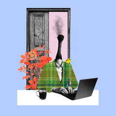 Surreal collage of an office worker typing on a laptop with smoke instead of a head. The image reflects burnout, emotional exhaustion and mental overload, contrasted with calm pastel elements around t