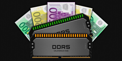 DDR5 RAM memory surrounded by EUROS bills representing rising hardware prices by artificial intelligence