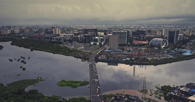 Aerial view of Bandra Kurla Complex (BKC), Mumbai, India, showcasing the city&rsquo;s prominent financial and commercial district. Beautiful cloudy weather during the monsoon.