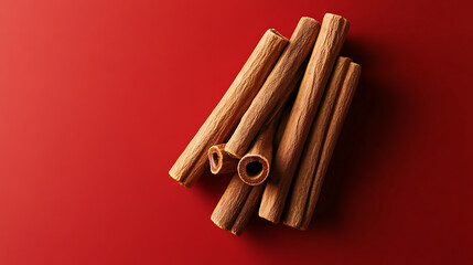 Aromatic cinnamon sticks, artfully arranged on a vibrant red background, promise warmth and spice. Natural light enhances the textures, inviting a sensory experience.