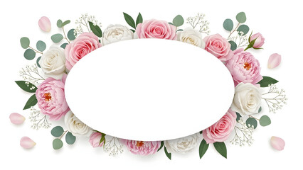 Floral wreath with pink roses and green leaves illustration