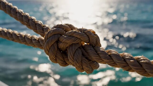 Close up of knotted rope with seascape background abstract texture and nautical concept for design