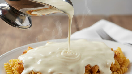 Creamy Alfredo Pasta With Steaming White Sauce Poured Over Fusilli on a Plate