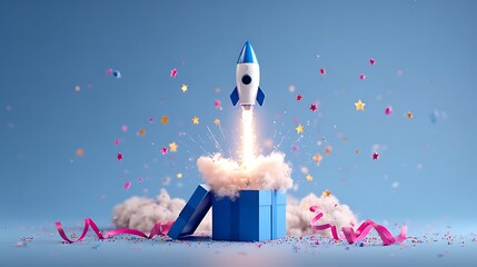 A cartoon rocket shoots from a blue gift box amid colorful confetti and ribbons against a blue backdrop