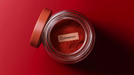 A glass jar with an open wooden lid holds aromatic cinnamon powder, a staple spice for culinary creations, presented against a deep red backdrop.