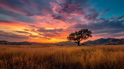 A majestic sunset paints the sky, illuminating a lone tree in a golden field with mountains in the distance