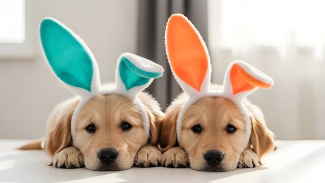 Adorable easter puppy duo happy dogs wearing bunny ears glory ester