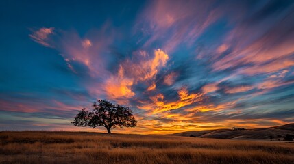 Dramatic sunset over grassy field, lonely tree silhouetted, streaking clouds in vibrant colors