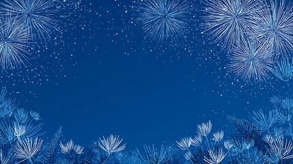 Festive digital illustration featuring fireworks and floral elements on a deep blue background