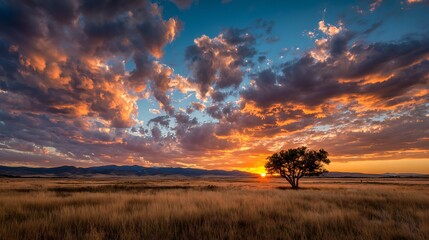 Stunning sunset scene over a grassland with a lone tree, dramatic clouds and mountains