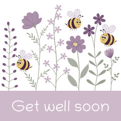 Get well soon - Schriftzug in englischer Sprache - Gute Besserung. Genesungskarte mit niedlichen Bienen und violetten Blumen.