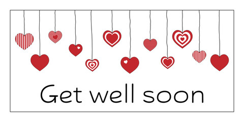 Get well soon - Schriftzug in englischer Sprache - Gute Besserung. Genesungskarte mit roten Herzen.