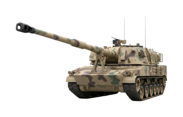 Military tank self-propelled howitzer armored vehicle with a long barrel and camouflage pattern, ready for combat operations and defense.