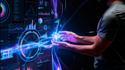 Hands hold a holographic molecular model above palms while glowing connections float upward. Interactive scientific data and analytical charts appear on adjacent digital panels. Dark background emphas - Powered by Adobe