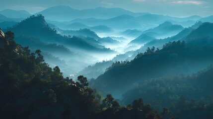 Serene panoramic vista of mist-covered mountains, layered with depth and cool tones
