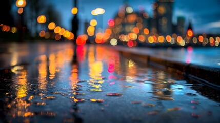 Wet street at night reflecting city lights, with blurred figures and architectural detail