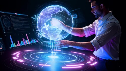 Man interacts with a holographic globe and molecular model above virtual data display. His hands manipulate charts, graphs and circular interface elements in a dark high-tech environment conveying res - Powered by Adobe