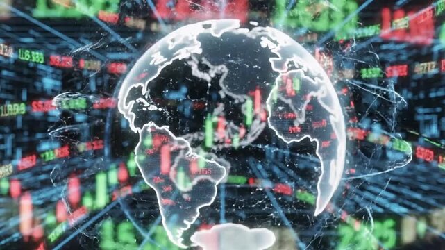 Glowing globe with financial data streams in futuristic digital environment