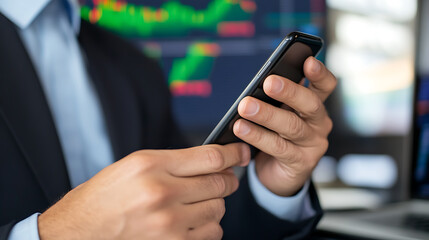 A person in a suit uses a smartphone, possibly for business or stock trading, with a financial chart in the background, showing data trends and market analysis.