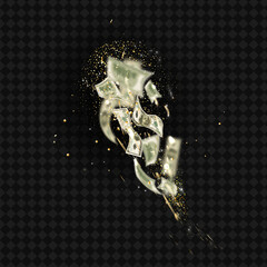 A dynamic explosion of green U.S. dollar bills flutters upward with golden sparkles and trails, evoking wealth, fortune, and financial excitement on a transparent background for versatile use.