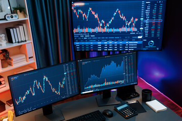 Big screens of dynamic stock market exchange graph showing on computer at neon light night time. Automatically trading sell or buy profit on time updated investment on financial technology. Infobahn.