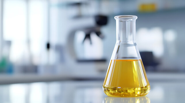 Erlenmeyer flask filled with amber liquid, showcasing scientific precision and lab research. It symbolizes chemistry, experiments, and breakthroughs in science.