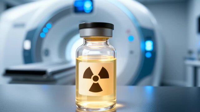Vial contains radiotracer solution labeled with radioactive hazard symbol near a medical imaging scanner. Clinical imaging suite with sterile table and blurred background. Concept relates to nuclear m