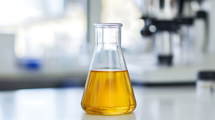 Golden liquid in Erlenmeyer flask on lab counter; scientific exploration and experiments; potential for pharmaceutical, biofuel, or cosmetic discovery.
