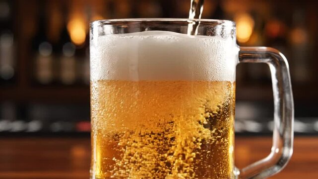 Close up of beer being poured into a glass mug with bubbles and foam ideal for refreshment concepts