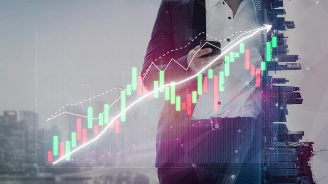 A professional businessman in a suit analyzes stock market trends on his smartphone, surrounded by urban landscapes and digital data visuals, highlighting growth. Copula