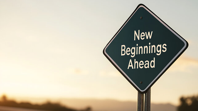 A road sign that reads: "New Beginnings Ahead" is displayed against a bright horizon. It symbolizes fresh opportunities and the anticipation of upcoming positive changes on life's journey.