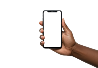 African American hand holding modern smartphone with blank white screen, showcasing a customizable display for mobile applications and digital content.