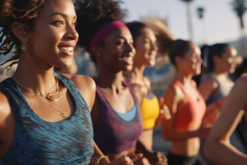 Diverse group of women joyfully running together during a marathon in a sunny urban setting