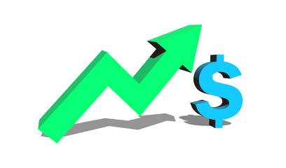 Increase in dollar value concept on transparent background, cyan dollar sign with a turquoise rising arrow, 3d illustration