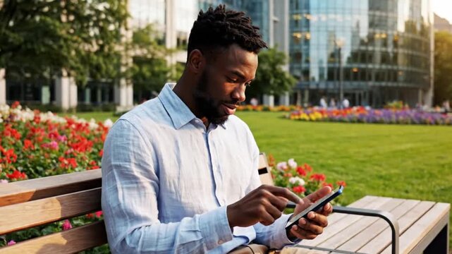 Young black man sitting on park bench using smartphone in city park with flowers