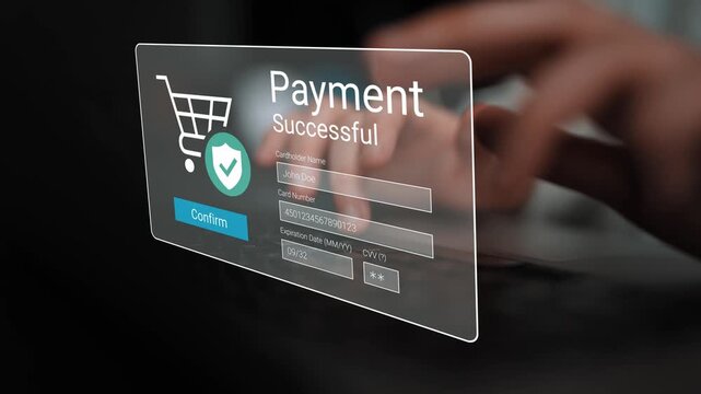 Modern payment confirmation screen with successful transaction displayed on a digital interface alongside shopping cart and user details Gluon.