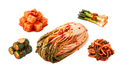 Various types of traditional Korean kimchi dishes are beautifully arranged, showcasing their vibrant colors and spicy flavors, ready to be served as a delicious side dish.