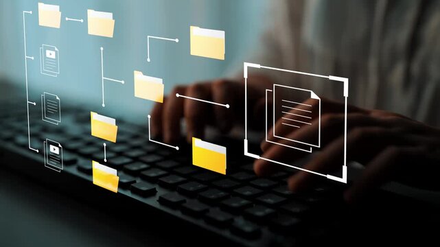Digital workspace with hands typing on keyboard surrounded by floating file icons and data connections illustrating organization and data management concepts Gluon.