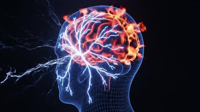 Animated 3d wireframe human heads with glowing orange brains and electrical impulses