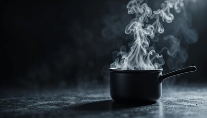 Abstract food photography focus: dramatic backlighting highlighting delicate steam escaping from a black matte saucepan on a dark surface