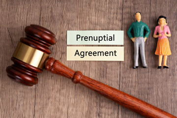 High angle view of gavel and text prenuptial agreement