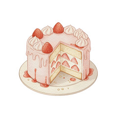Cute strawberry cake watercolor illustration with sliced layers for bakery branding